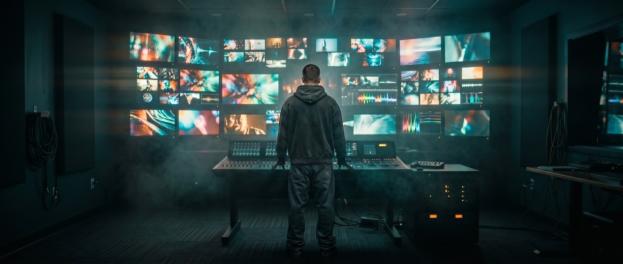 Cinematic atmosphere — director at the wall of frames